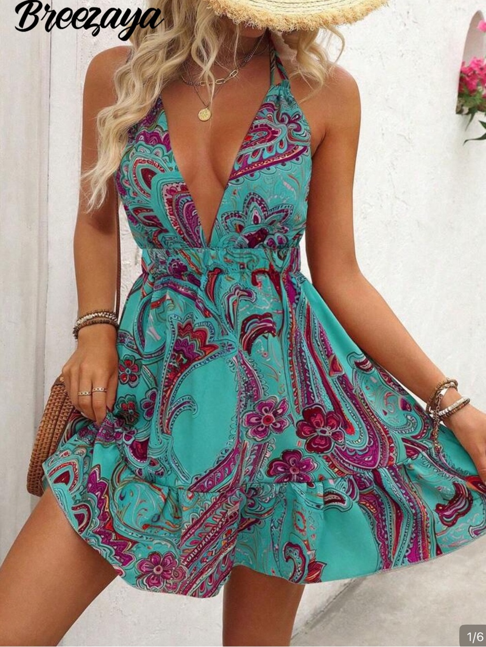 Breezaya Women Teal Paisley Print Halter Neck Backless Summer Boho Beach Dress